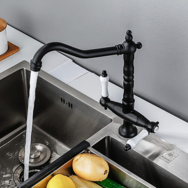 BOAOTX Wasserhahn Küche Schwarz Retro, Küchenarmatur Zweigriffmischer, Spültischarmatur 360° Schwenk
