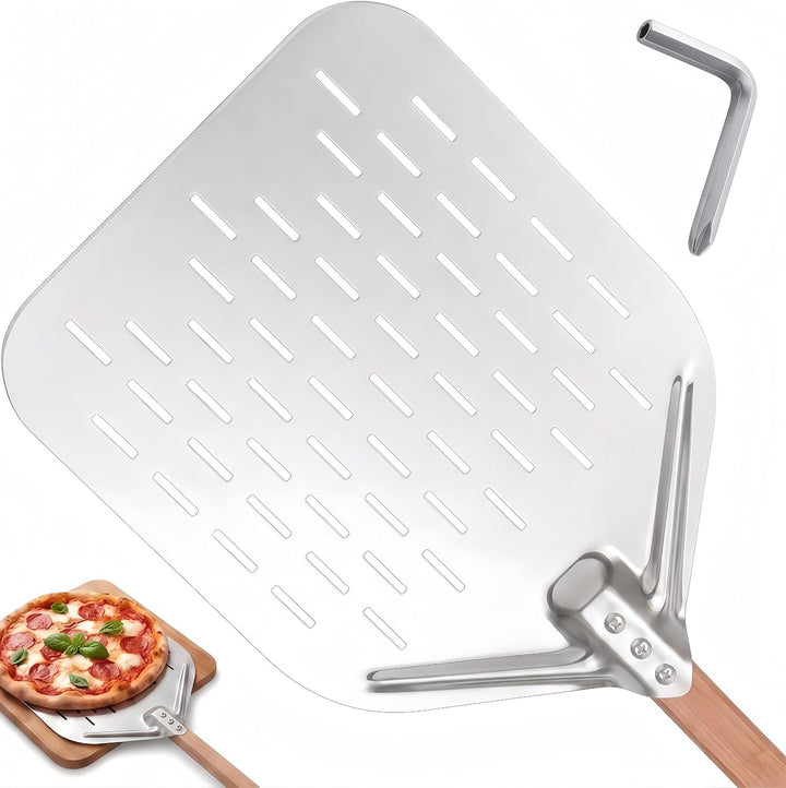 Pizzaschieber perforiert 39.5 * 30 * 70 cm – Aluminium Pizzaschaufel mit abnehmbarem Holzgriff, leic