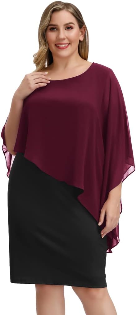 Hanna Nikole Damen Grosse Grösse Chiffon Cape Cocktailkleid Knielang Abendkleid mit Overlay M Weinro