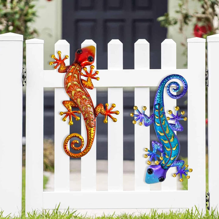 HONGLAND Metall-Gecko-Wandkunst, 38,1 cm, Eidechse, Outdoor-Dekoration, hängende Glas-Skulptur, 2 St