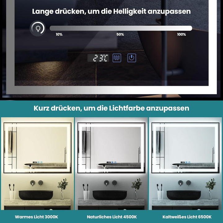 YU YUSING Badspiegel mit Beleuchtung 80x60cm Badezimmerspiegel mit Beschlagfrei 3 Lichtfarbe Dimmbar