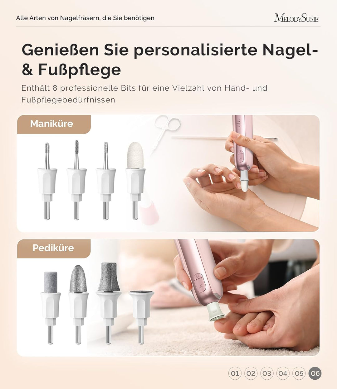 MelodySusie Professionelles Maniküre/Pediküre Set, PC760G 8 in 1 Elektrischer Nagelfräser mit 5 Gesc