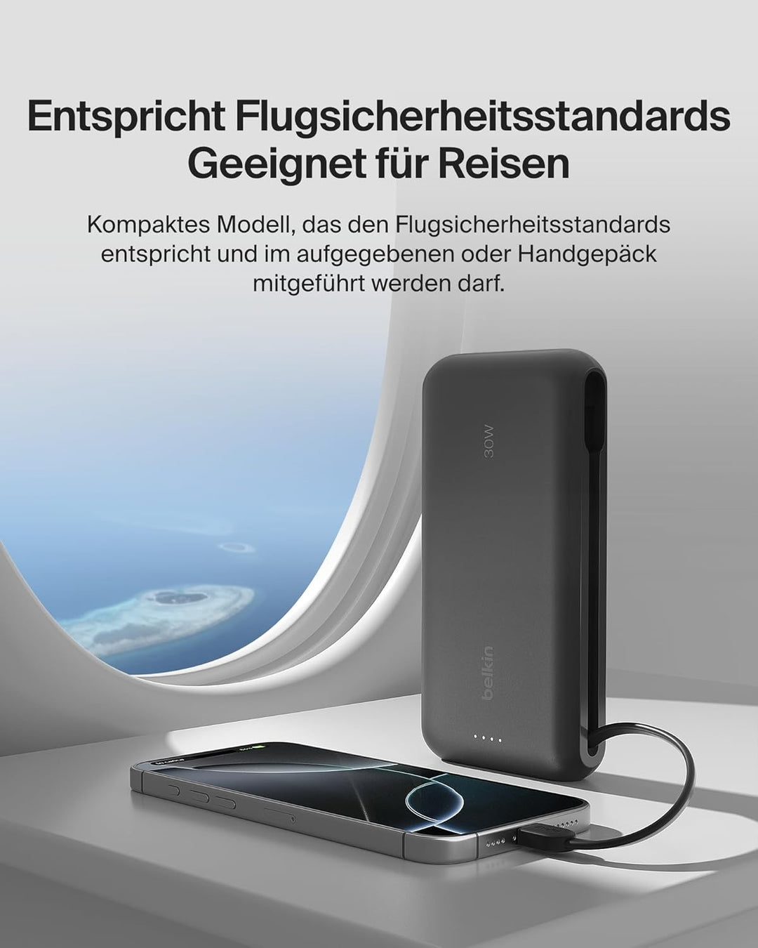 Belkin Portable Powerbank zum Schnellladen mit integriertem Kabel 20K PD 30 W, USB-C Power Delivery,