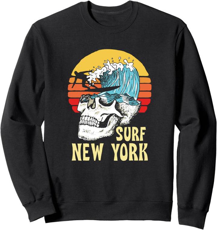 Surf New York Vintage Artistic Skull, Surfer & Wave Beach Sweatshirt