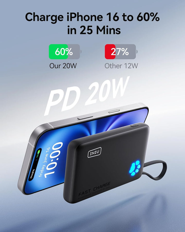 INIU Power Bank, Minigrösse 20W 10000mAh PowerBank mit Integriertem USB-C Kabel, PD3.0 QC4.0 USB C I