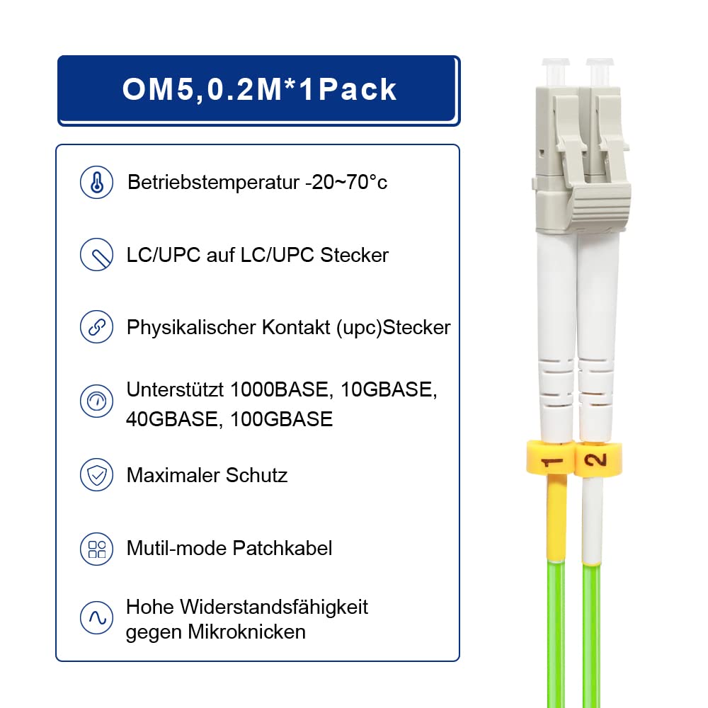 FLYPROFiber 0.2M OM5 LC auf LC LWL-Patchkabel | Längenoptionen: 0,2m-20m, 40 GB/100 GB Duplex LC-LC