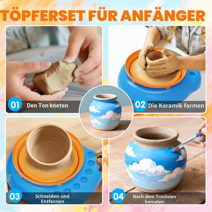 Töpferscheibe Kinder elektrisch,Töpferset 6-12 Jahre mit Ton | Komplettes DIY-Bastelset mit 3x luftt