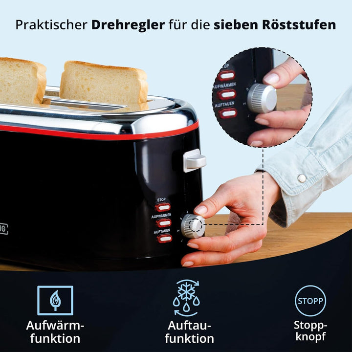 KHG TO-1301LSS Toaster Langschlitz, schwarz, 4 Scheiben, Kunststoff, mit Brötchenaufsatz, 7 Röstgrad