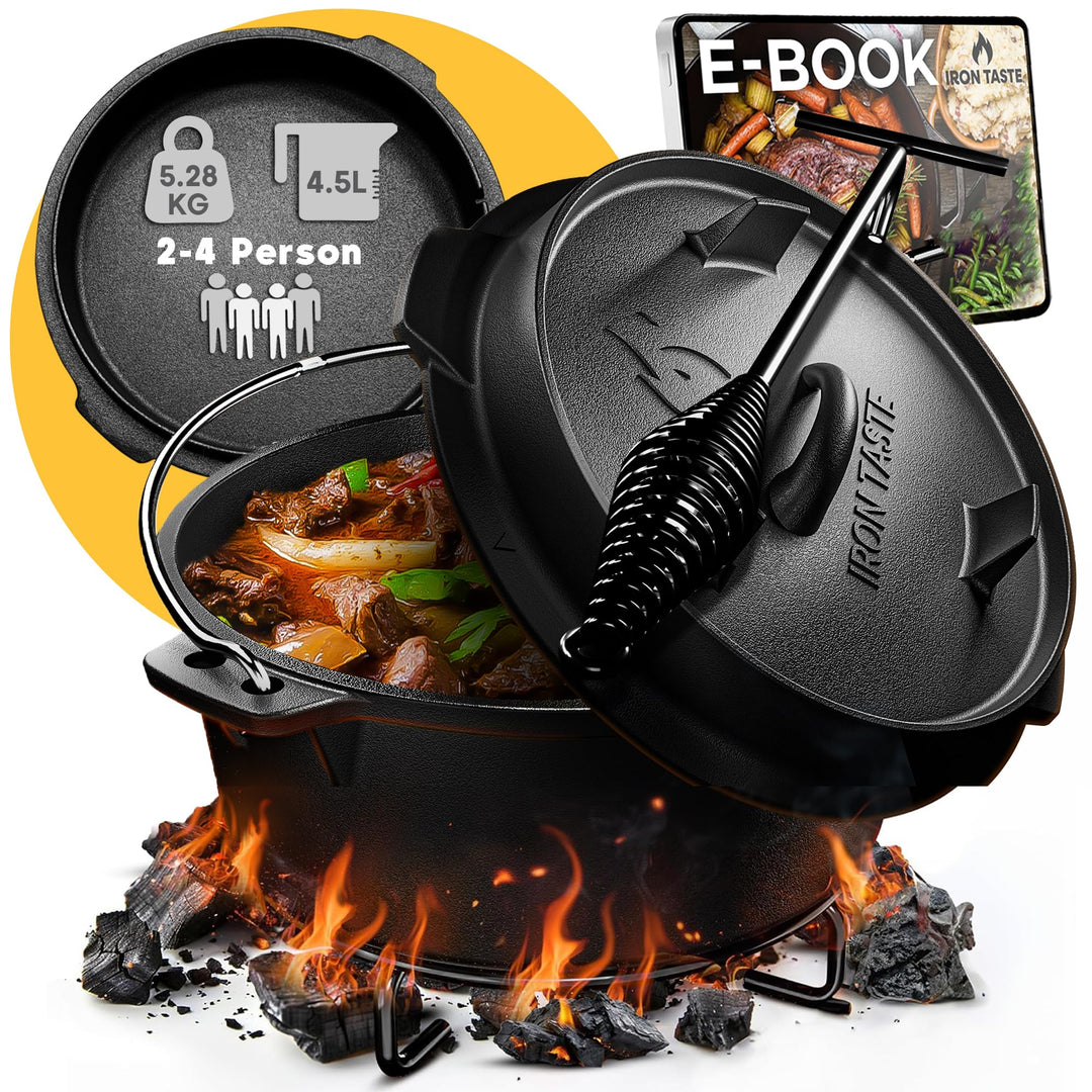 IRON TASTE Dutch Oven Set 4.5L - Eingebrannter Dutch Oven 4.5 Liter - Feuertopf Gusseiserner Topf mi
