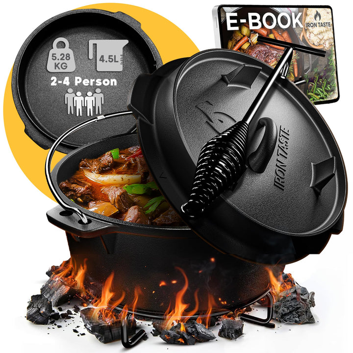 IRON TASTE Dutch Oven Set 4.5L - Eingebrannter Dutch Oven 4.5 Liter - Feuertopf Gusseiserner Topf mi