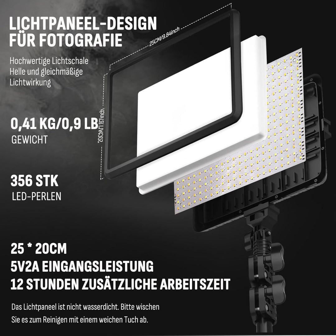 Video Licht Set, 2-Pack 25x20 cm 15 W LED Studio Fotolicht, Dimmbares 2800–6500K Kamera Licht für Vi