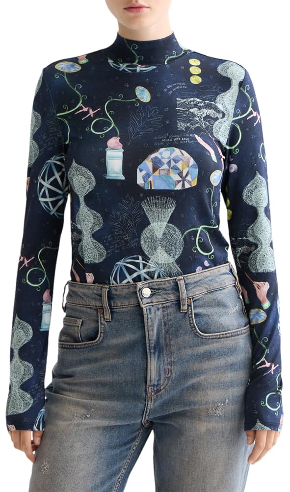 Scotch & Soda Damen All Over Printed Slim-fit Ls T-Shirt XS Black Mountain, XS Black Mountain