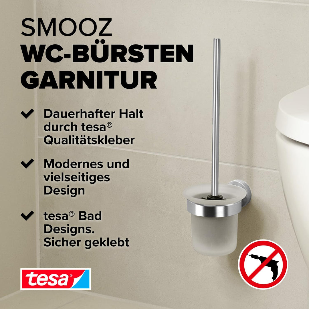 tesa SMOOZ WC-Garnitur, satiniertes Glas und verchromter Edelstahl - Toilettenbürsten-Set zur Wandbe