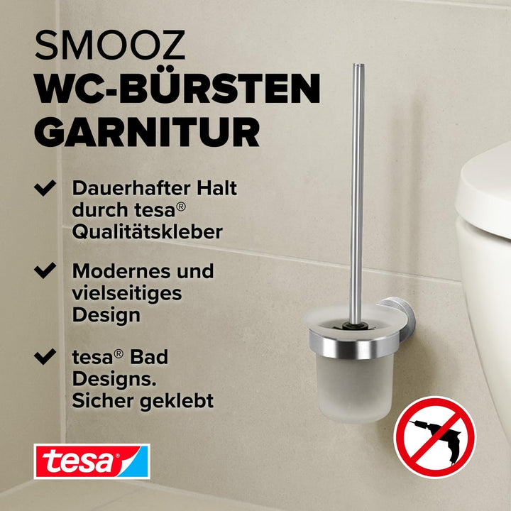 tesa SMOOZ WC-Garnitur, satiniertes Glas und verchromter Edelstahl - Toilettenbürsten-Set zur Wandbe