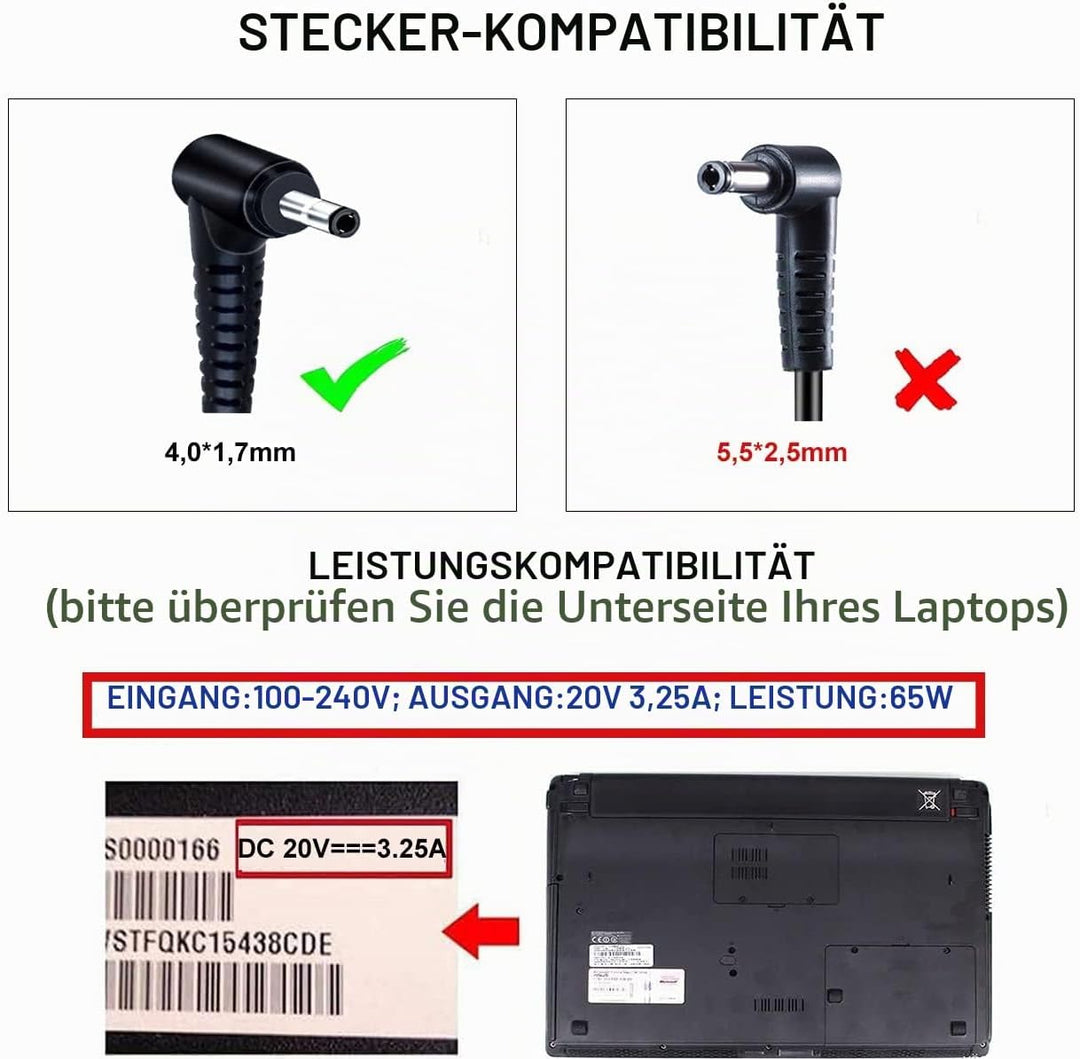 DTK Ladegerät für Lenovo Netzteil 65W 20V 3,25A Laptop Ladekabel für Lenovo AC Adapter 4,0mm*1,7mm 6