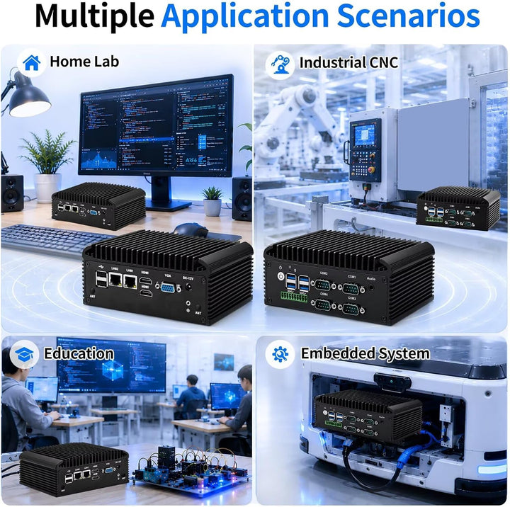 Fanless Mini PC N150 (N100 Upgrade), DDR4 8GB RAM 128GB NVMe SSD, 2 LAN 4 COM Lüfterlos Industrie PC