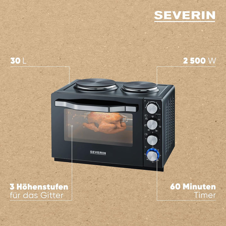 SEVERIN Back- und Toastofen mit Kochplatten, Backofen mit 30 L Garrauminhalt, Minibackofen mit Kochp