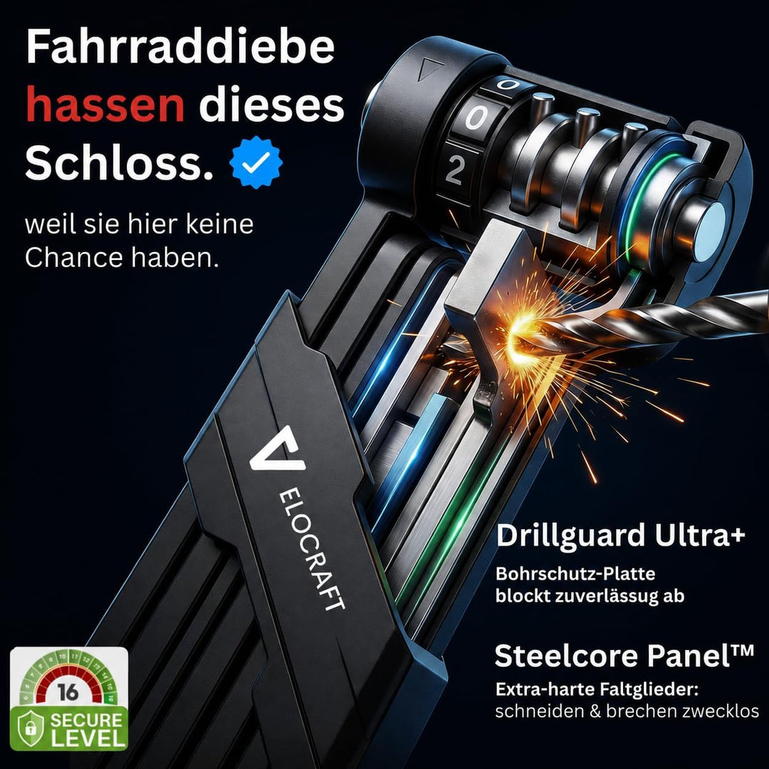 Faltschloss Fahrrad 90cm High-Tech Zahlenschloss mit Halterung & Mini Lock - Faltguard Pro - Diebsta