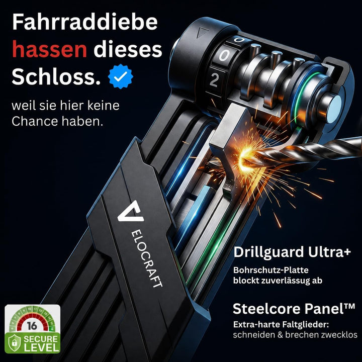 Faltschloss Fahrrad 90cm High-Tech Zahlenschloss mit Halterung & Mini Lock - Faltguard Pro - Diebsta