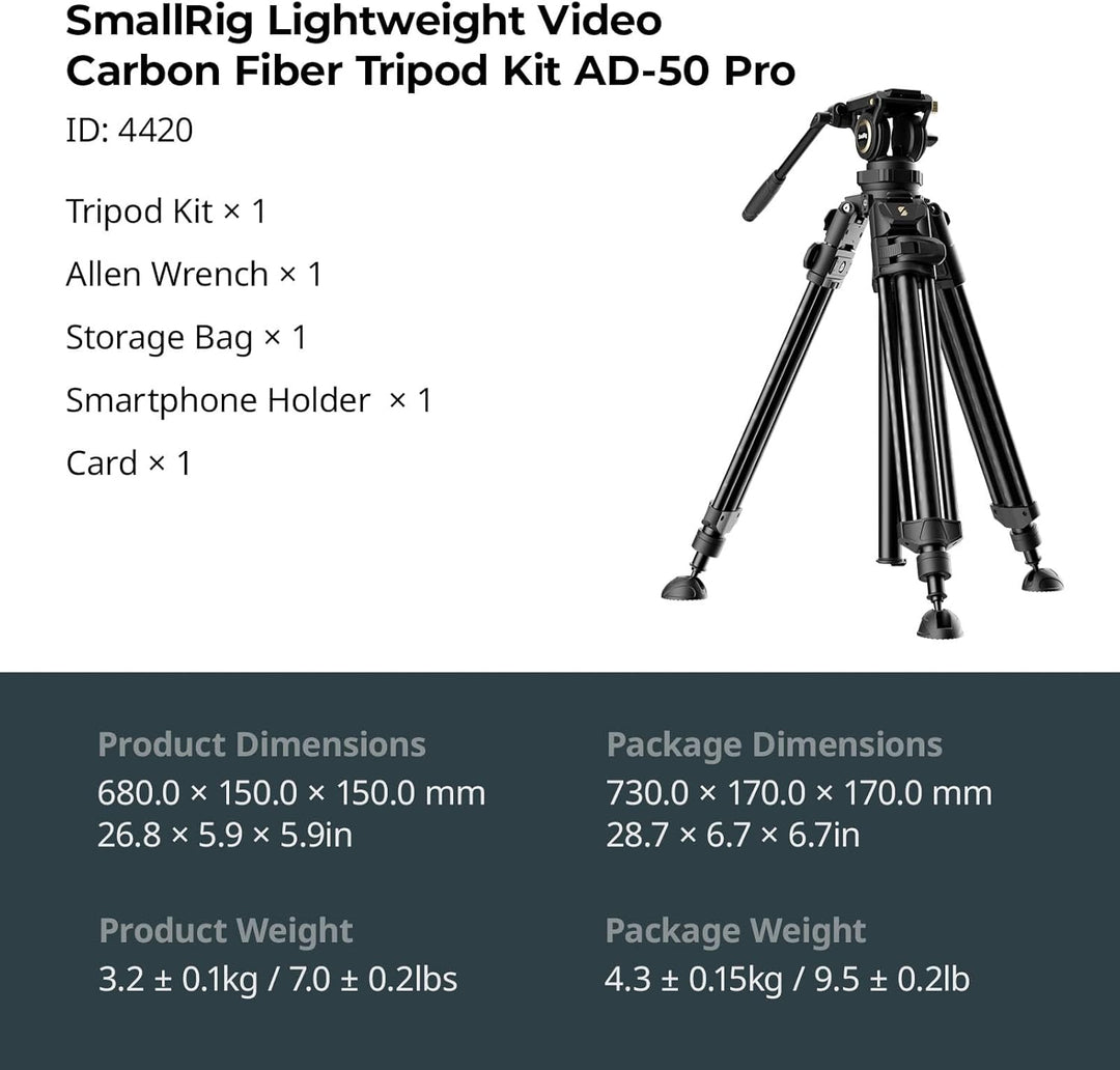 SMALLRIG AD-50Pro Heavy Duty Videostativ, Kohlefaser Stativ mit FreeSpeed One-Step Höhenverstellung,