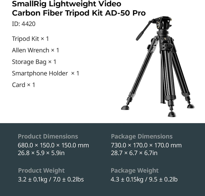 SMALLRIG AD-50Pro Heavy Duty Videostativ, Kohlefaser Stativ mit FreeSpeed One-Step Höhenverstellung,