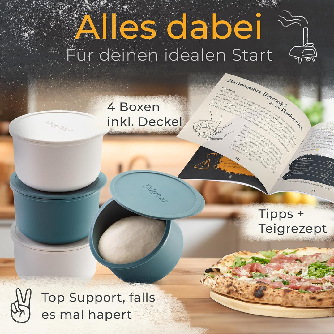 Teigbar« Pizzaballenbox mit Deckel, 4er Set - platzsparende Teigbox aus löse-leichtem Silikon - bis
