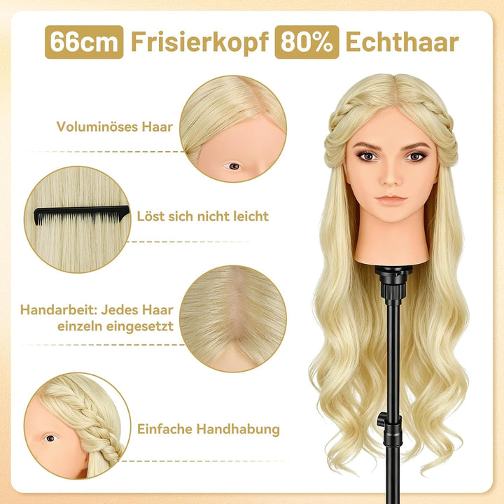 TwoWin Friseurkopf mit Haaren, 26 Zoll (66 cm) 80% Echthaar Mannequin Kopf, Make-up Übungskopf, Trai