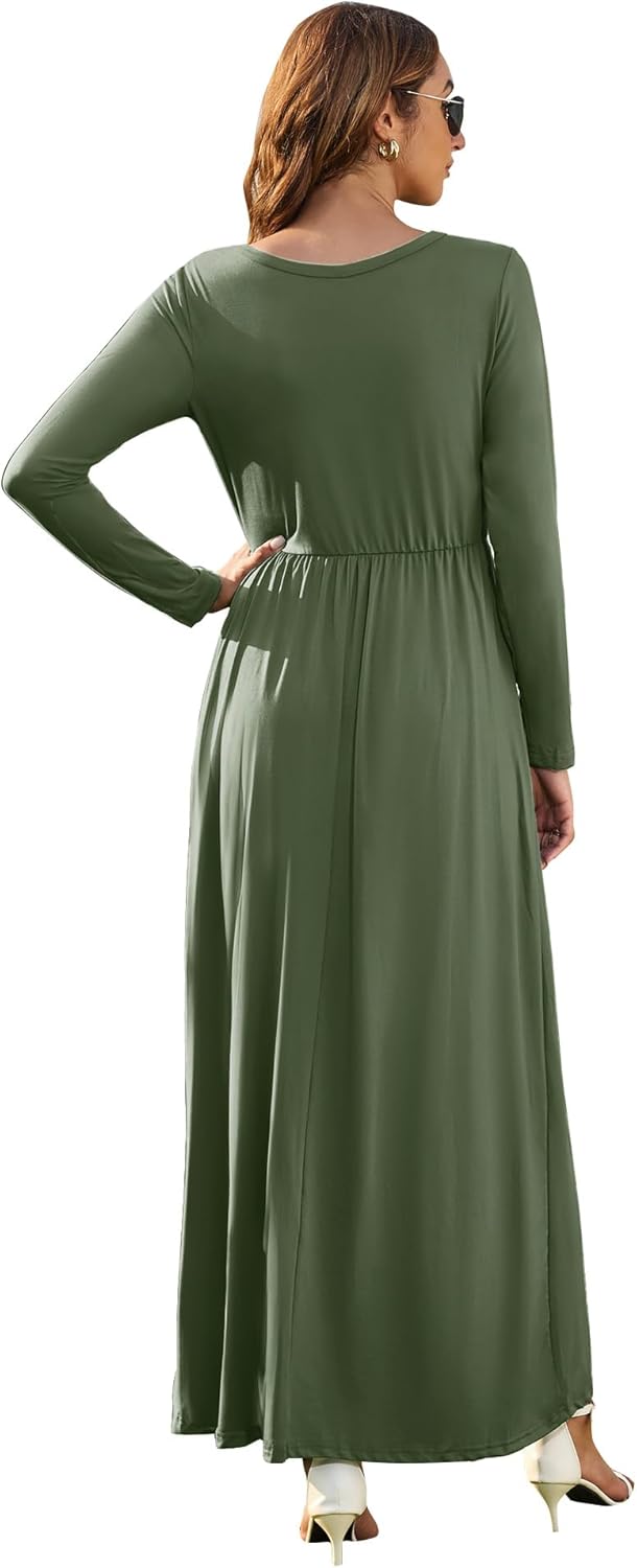 AUSELILY Damen Langarm Maxikleider Lässige Langkleider mit Taschen Winter S Armeegrün, S Armeegrün