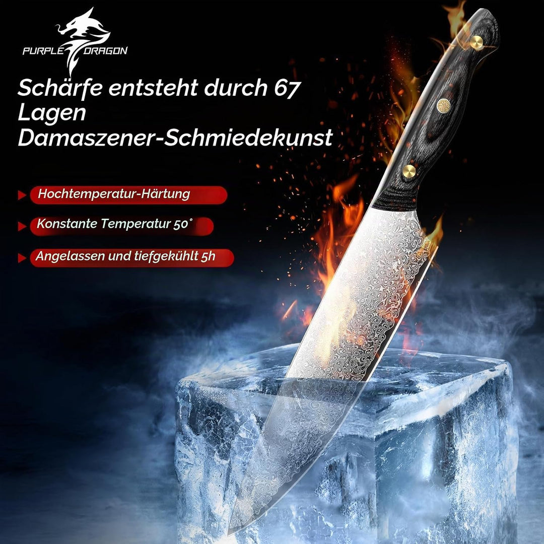 Purple Dragon Damast Kochmesser 20cm - Scharfes Küchenmesser mit VG10 Kernen - Kochmesser mit ergono