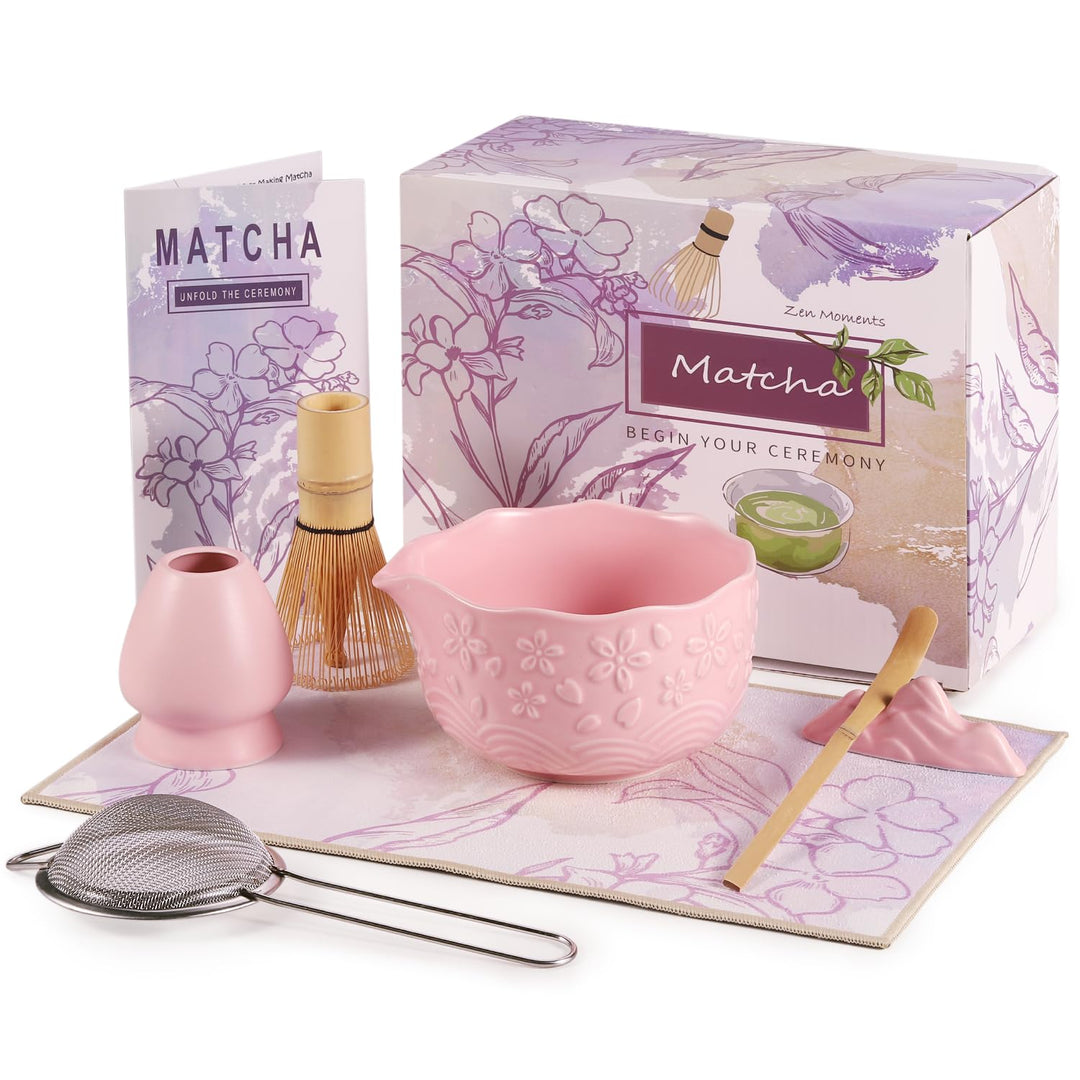 Matcha Set Pink, 8 Stück Matcha Tee Sets mit Matcha Besen und Schale, Schaufel, Löffelständer, Besen