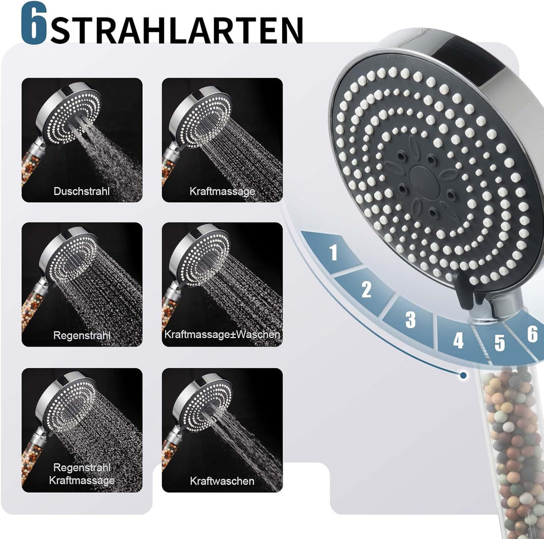 OFFO Filter Duschkopf mit Schlauch 1,6m und Halterung, Handbrause mit 6 Strahlarten, 13cm Duschkopf