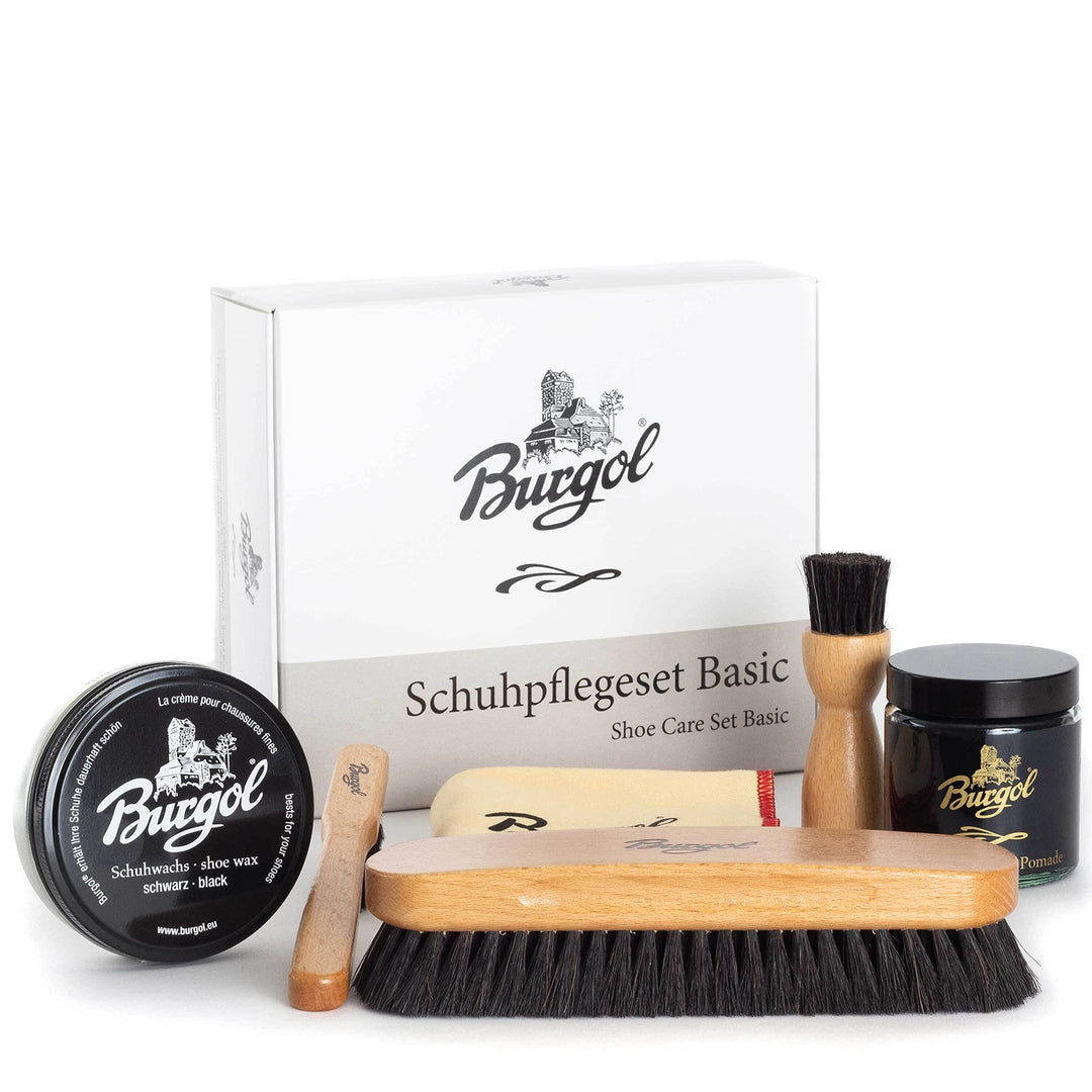 Burgol Schuhpflegeset Basic mit Schuhpomade, Schuhwachs, Rosshaarbürsten und Poliertuch: Farbe: Schw