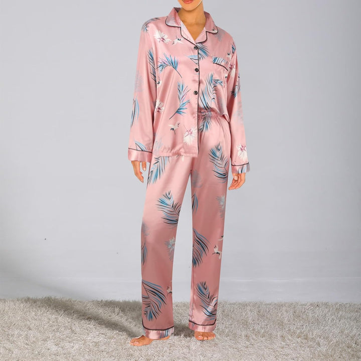 Schlafanzug Damen Pyjamas Set-Satin Pyjama Damen Button Down Pjs Langarm Top und Hosen Nachtwäsche L