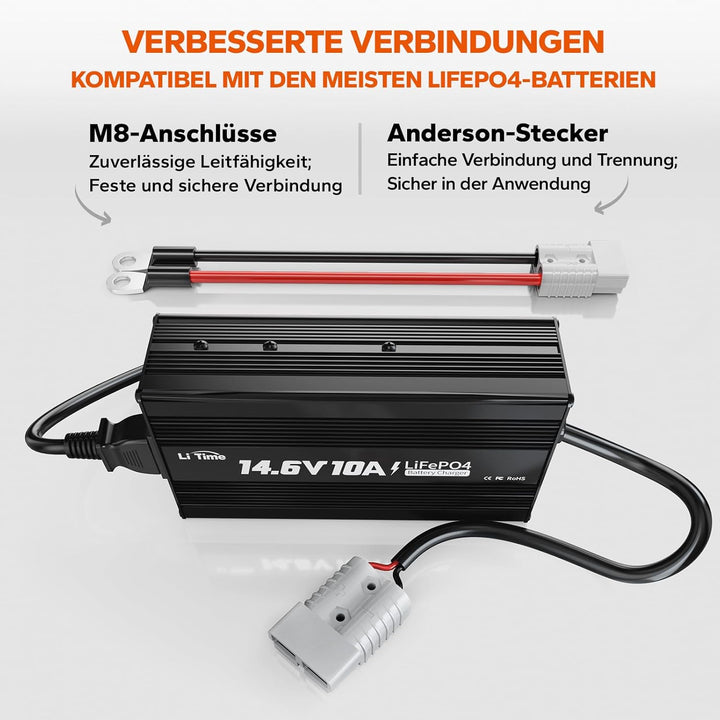 LiTime LiFePo4 12V 10A Batterieladegerät 14,6V AC-DC LiFePO4 Lithium-Batterie-Ladegerät mit Anderson
