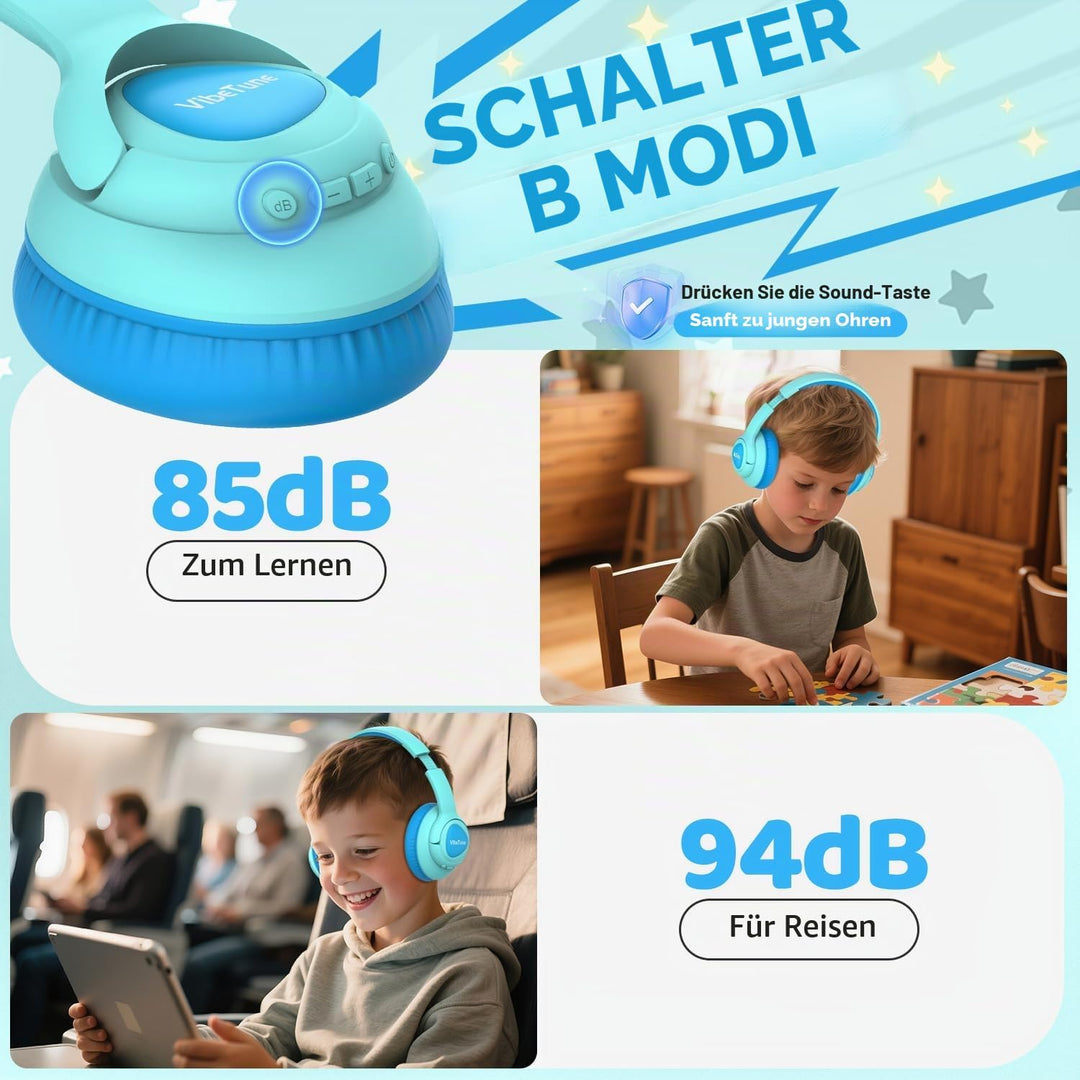 VibeTune Kinder Bluetooth Kopfhörer, 60 Stunden Spielzeit, Lautstärkebegrenzung 85/94dB, Bluetooth 5