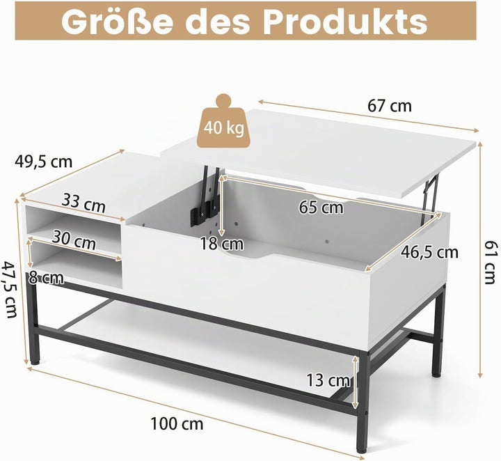 COSTWAY Couchtisch mit anhebbarer Platte, Kafeetisch höhenverstellbar, Wohnzimmertisch mit versteckt