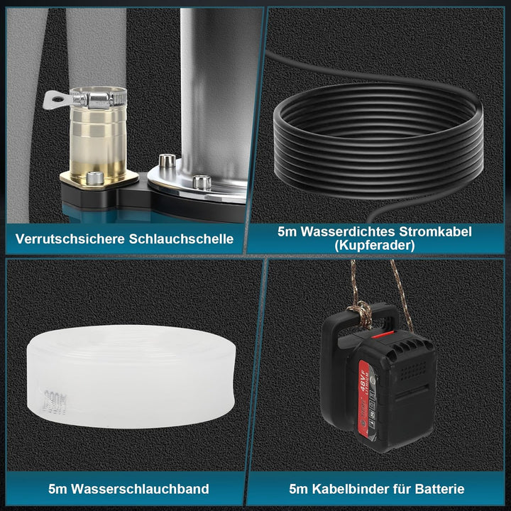 Tauchpumpe kompatibel mit Makita 18V Akku (keine Batterie)– 5000L/H Kabellose Wasserpumpe mit 10m Sc