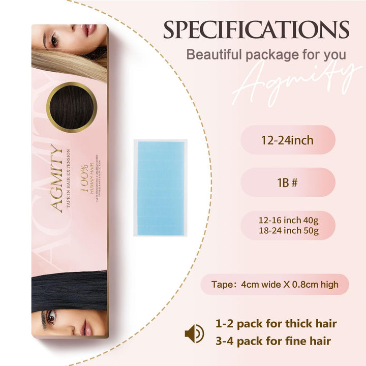 Tape in Extensions Echthaar Natur Schwarz, 12 Zoll 20pcs 40g, Starker Halt Tape Ins, schweissresiste