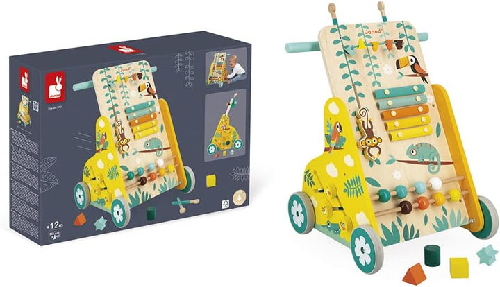 Janod - Multi-Aktivitätswagen Tropik - Laufwagen aus Holz - Lernspielzeug mit 6 Aktivitäten - Leise