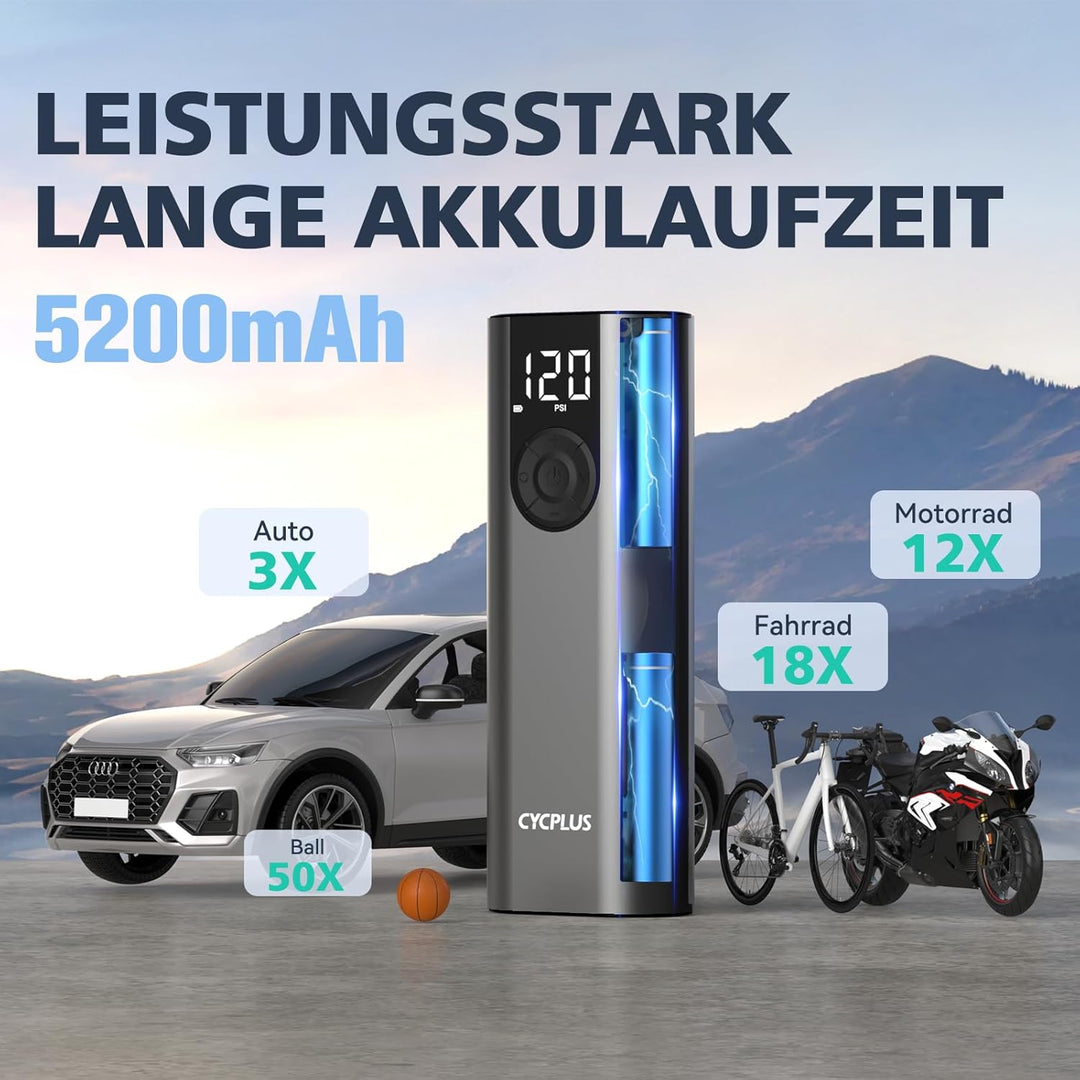 CYCPLUS Luftpumpe 2600mAh*2 150PSI Elektrischer Kompressor Tragbar Fahrradpumpe Mini Reifenpumpe mit