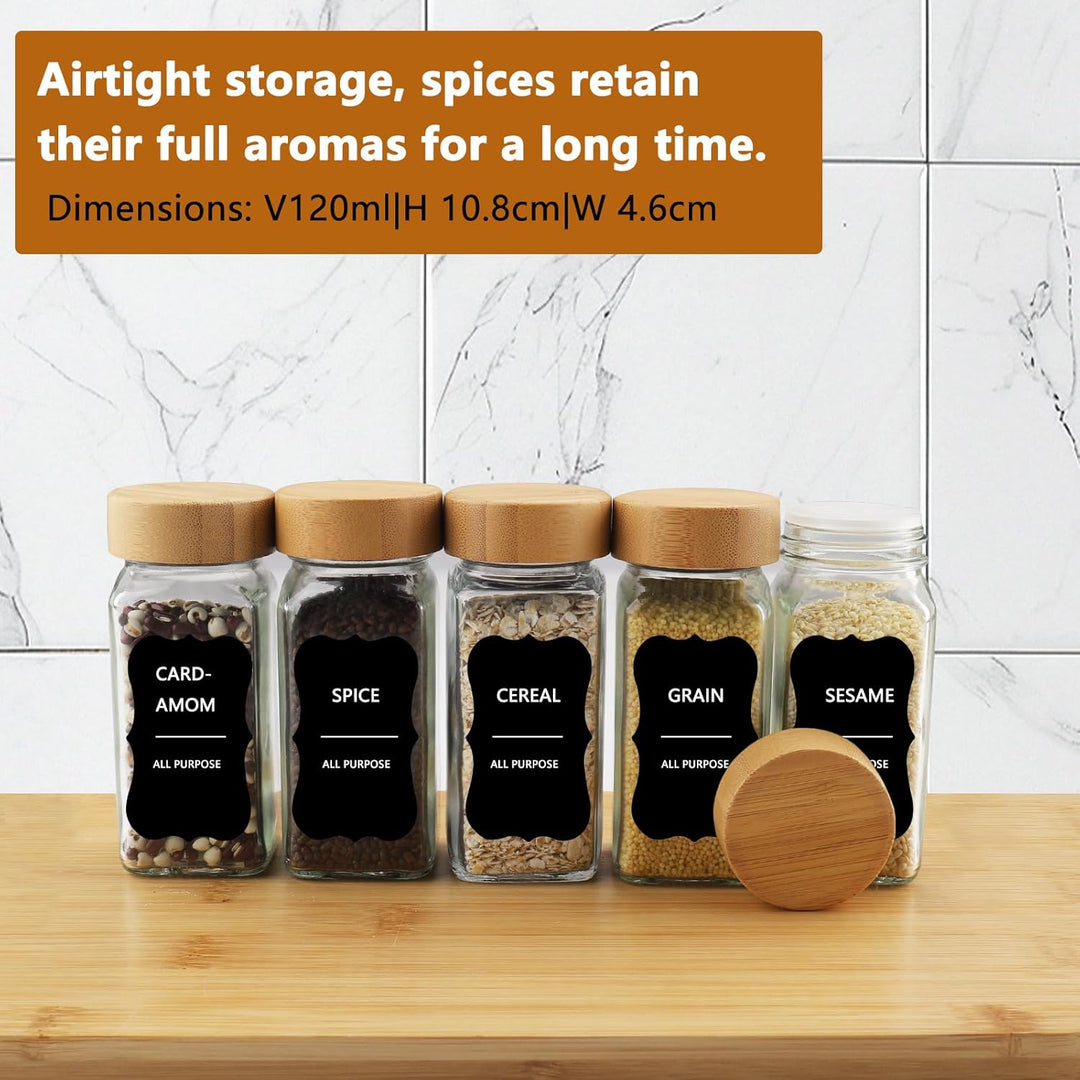 Spice Jars Square Set [12 Pieces] with Bamboo Lid, 120 ml Spice Jars, Spice Shaker Spice Jars Spice