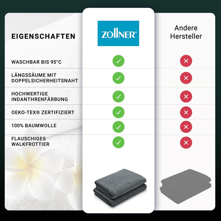 ZOLLNER 2er Set Duschtücher, Handtücher gross, 70x140 cm, Baumwolle, Graphit