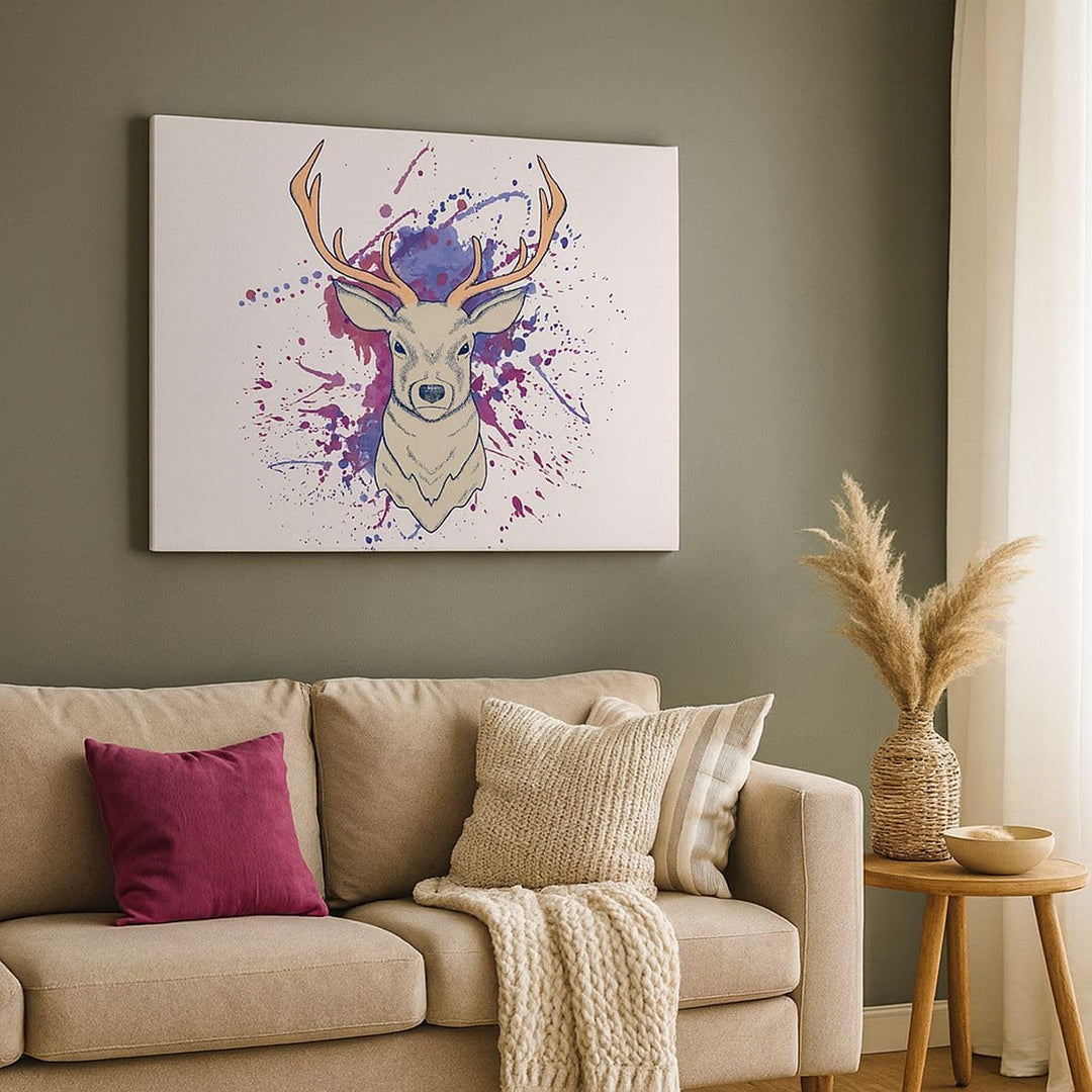 Bilder auf Leinwand 100x70cm Leinwandbild mit Rahmen Hirsch Abstraktion Gross Wanddeko Bild Schlafzi