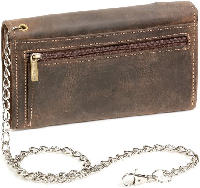LEAS Biker & Trucker Langbörse mit RFID-Schutz Chrom-Kette Vintage-Stil in Echt-Leder, braun Vintage