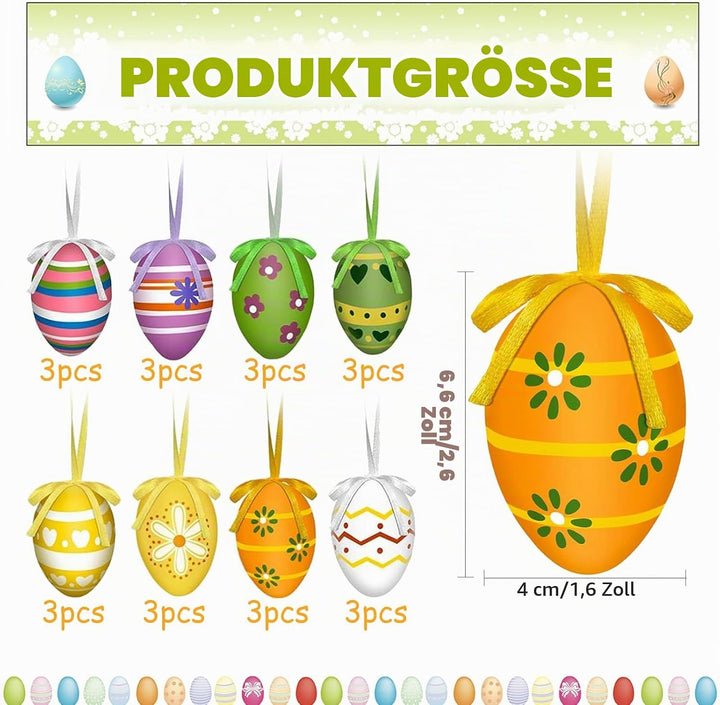Ostereier zum Aufhängen, 24 Bunte Ostereier aus Kunststoff zum Aufhängen, Osterdeko Ostereier mit To