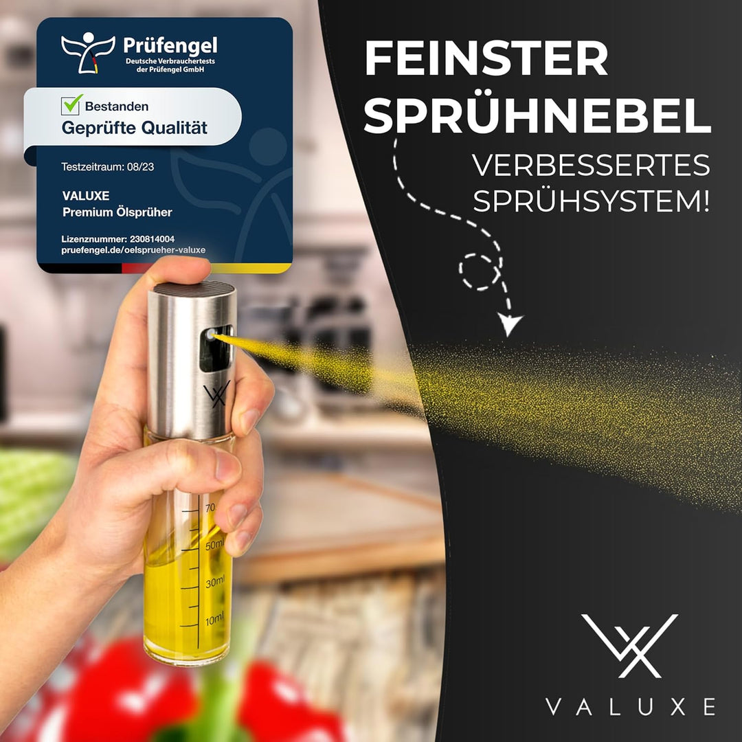 VALUXE® Premium Ölsprüher Gold – Das ORIGINAL - Extrem präzise Öl-Sprühflasche aus Edelstahl und Gla