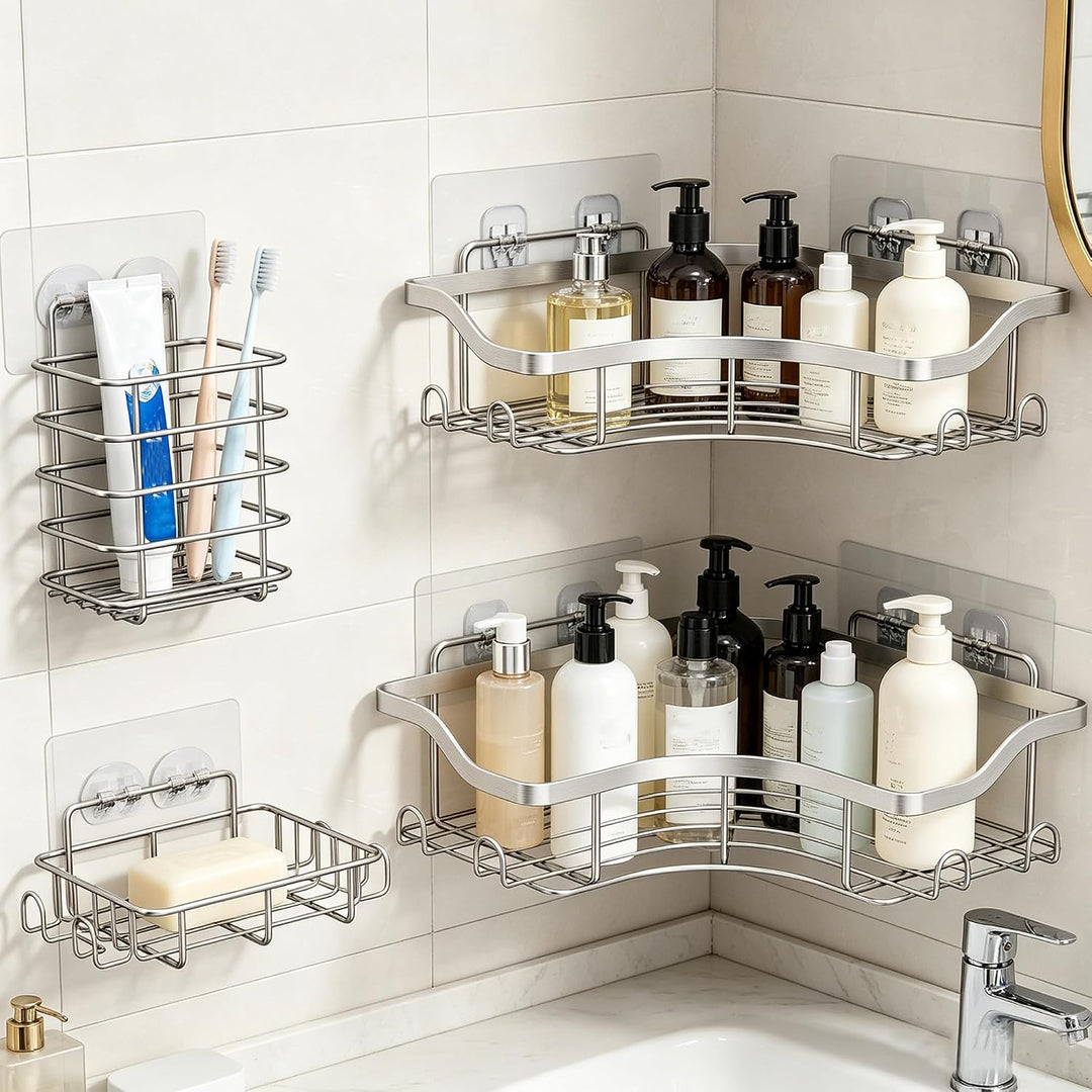 Duschablage Ohne Bohren Badezimmer Organizer 4 Stück Rostfreie | Duschregal Ecke Mit Haken Seifensch