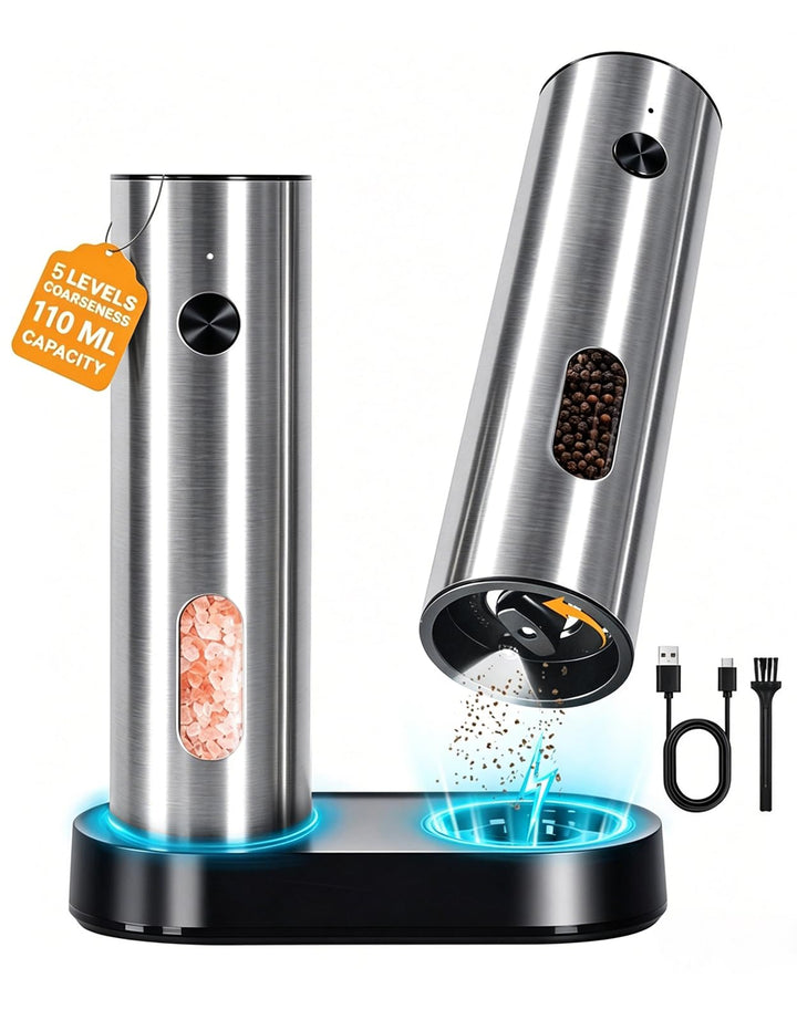 Elektrische Salz- und Pfeffermühle Set aus Edelstahl, USB-C Dual-Ladestation, 110 ml grosse Kapazitä