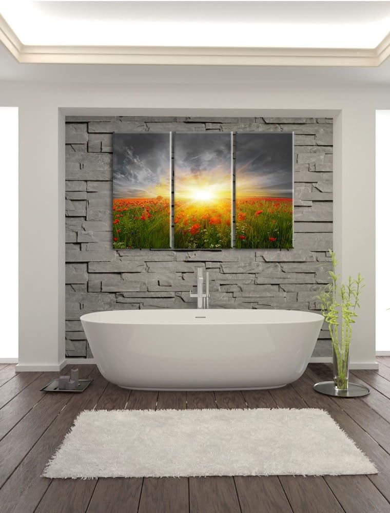 Pixxprint Mohnwiese in der Sonne als Leinwandbild/Grösse: 3 Teilig (120x80) cm/Wandbild/Kunstdruck/f