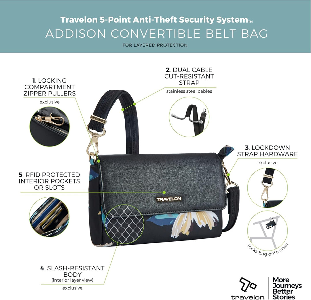 Travelon Addison Gürteltasche, Diebstahlschutz, umwandelbar, mit Blumenmuster, Einheitsgrösse Multic